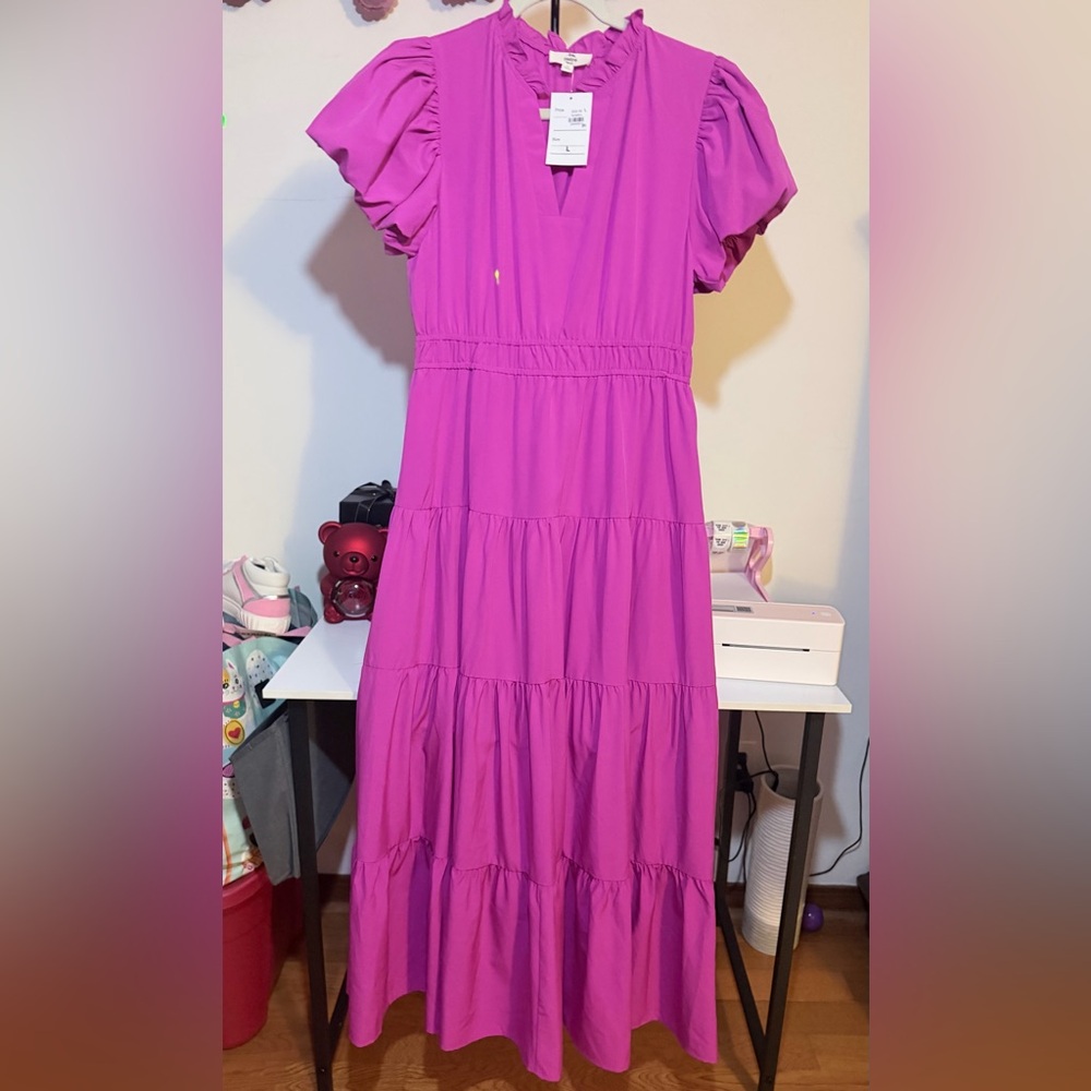 entro Fuchsia Ruffled Neck Maxi Dress Labeled The dress is size M,